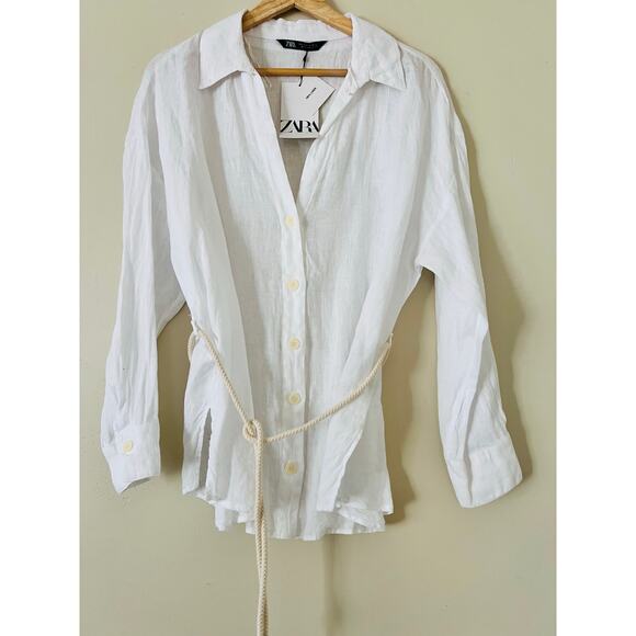 NWT Zara 100% Linen Oversized White Shirt Rope Tie Waist Large Wide Lapel V-Neck - Picture 5 of 7